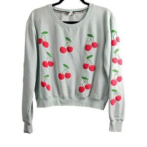 Relaxx Cherry Print Pull Over Cropped Light Green Long Sleeve Sweatshirt Top